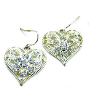 Rhinestone Heart Dangle Earrings Silver Tone Love Valentine Friendship Promise